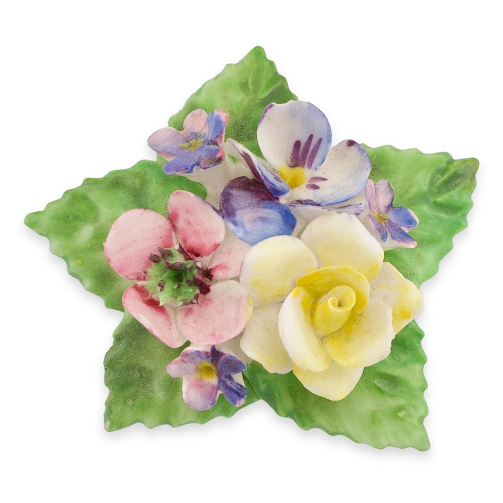 Vintage English Hand-Painted Porcelain Floral Brooch Multicolor Flower Bouquet